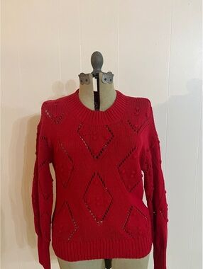 LOFT Medium Red Knit Sweater with Diamond Pattern